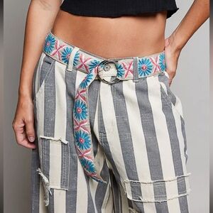 Taupe Blue Boho Floral Embroidery Waist Belt